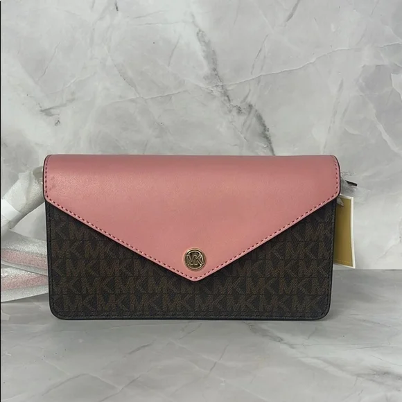 Michael Kors Small Envelope Crossbody Pink & Brown MK Signature Logo Primrose - Picture 3 of 7